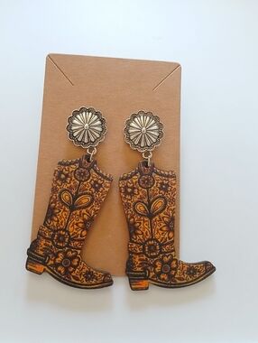 Fashion Jewelry Yellow & Brown Floral Cowboy Boot Dangle Earrings